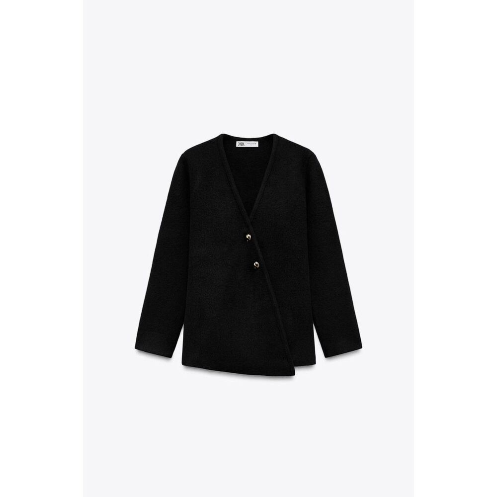 Black Zara Wrap Button Front Chunky Knit Long Sleeve Cardigan Sweater (NWT)